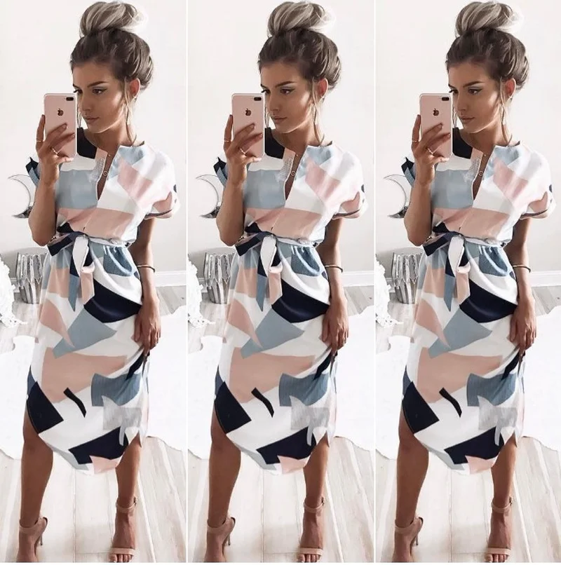 

Summer Dress 2019 Women Boho Style Geometric Print Beach Dress Elegant Party Dresses with Belt Vestidos de fiesta Plus Size XXXL