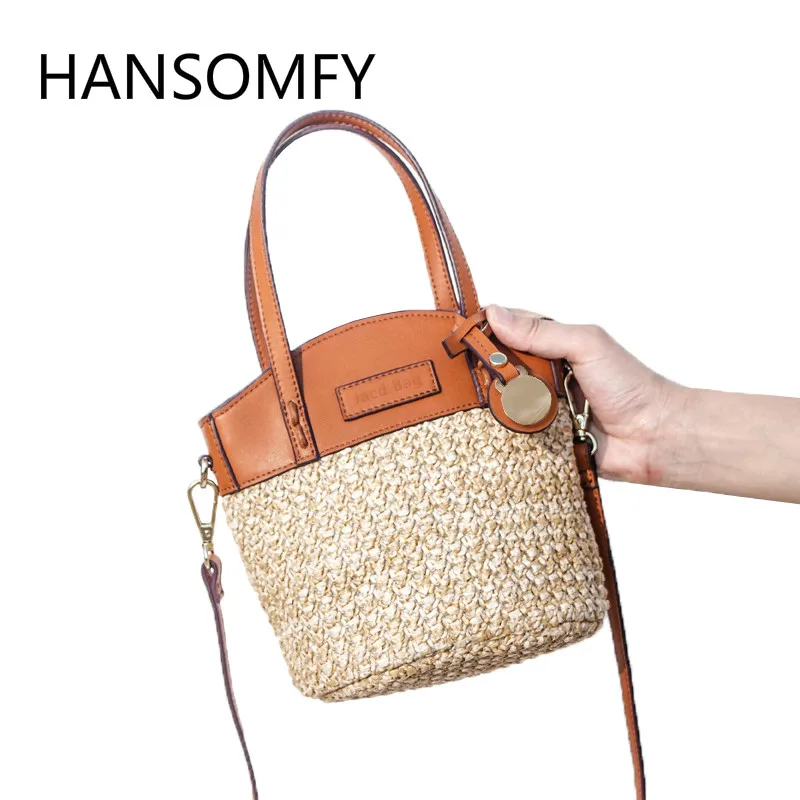

HANSOMFY |Fashion Hand Woven Bucket Round Rattan Straw Bags Bohemia Style Beach Bag Summer Shoulder Bag Handbag