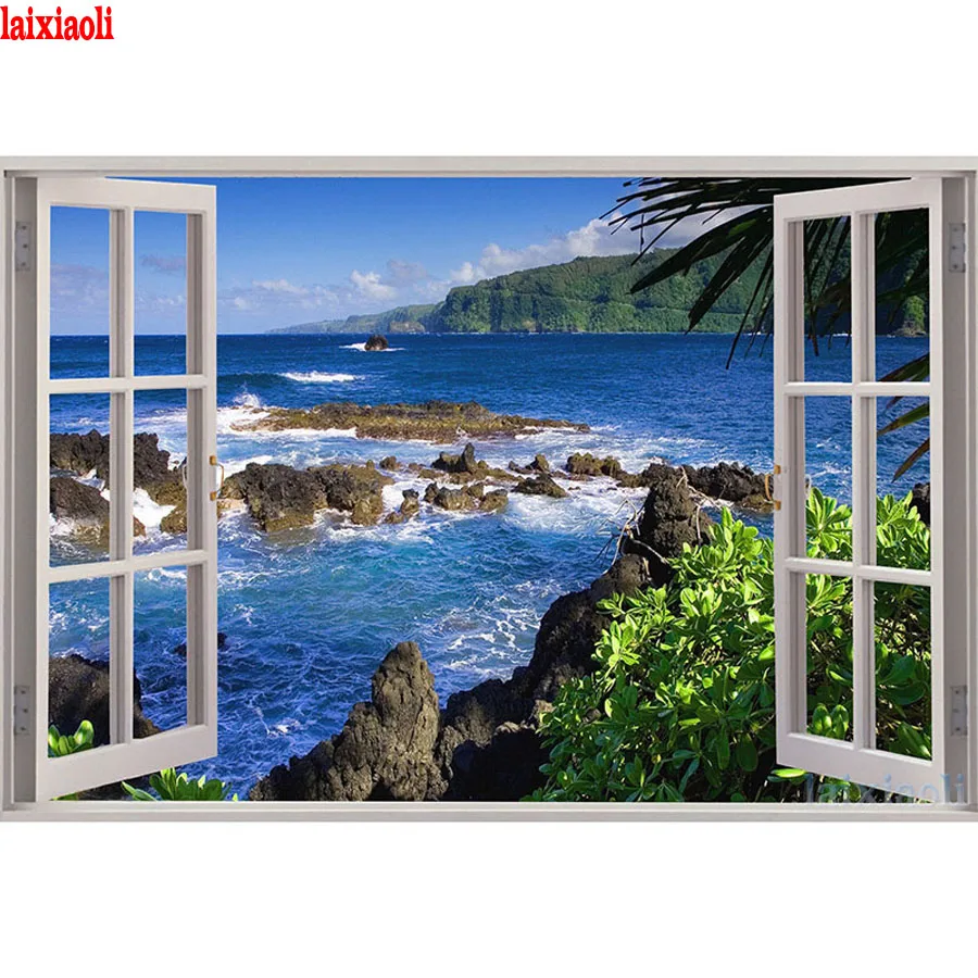 

5d DIY Diamond Painting Window sea Spa,full Diamond Embroidery Cross Stitch,almaznaya,rhinestone,natural scenery,Home Decoration