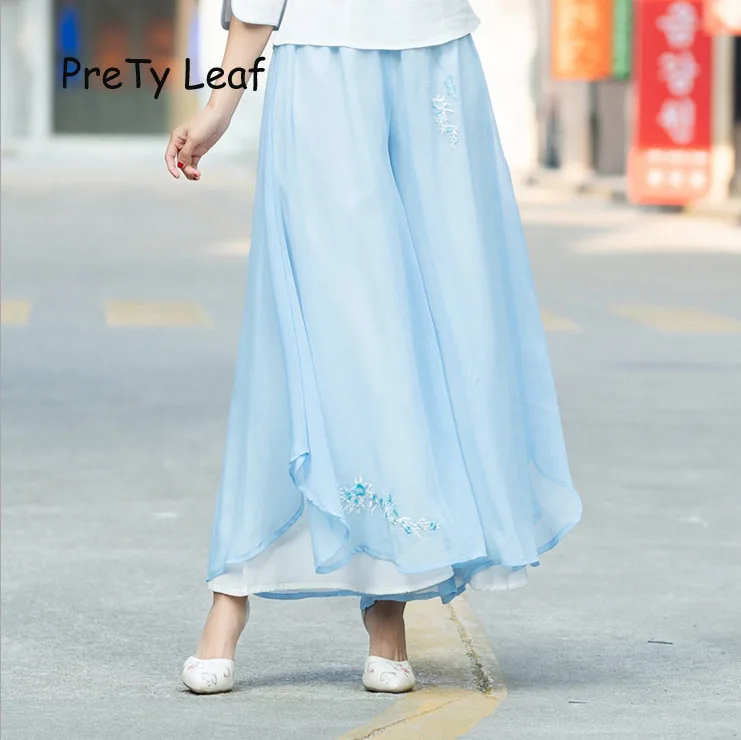 2019 spring and summer wild chiffon embroidered wide-leg pants | Женская одежда