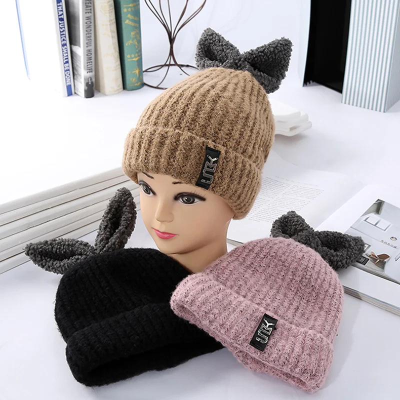 Шапка с ушками Для женщин зимние теплые Вязание шапочка с заячьими ушками вязанная шапка милые девушки шляпа H3
