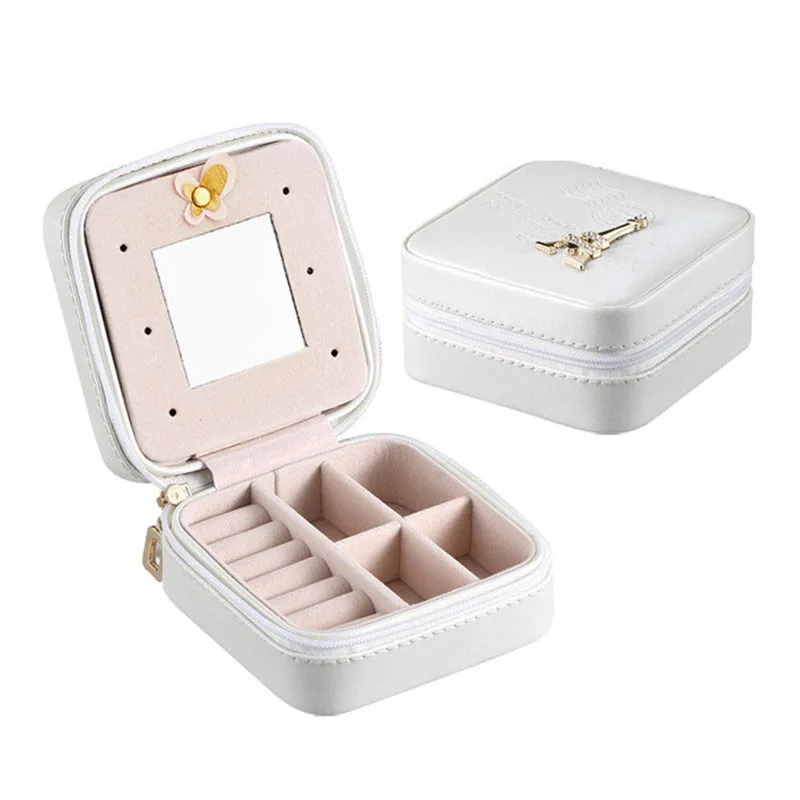 Портативная упаковка для ювелирных коробок из искусственной кожи, ювелирный чехол, сумочка для макияжа, косметичка и зеркальная дорожная серьга, кольцо, шкатулка, коробка для хранения - Цвет: White
