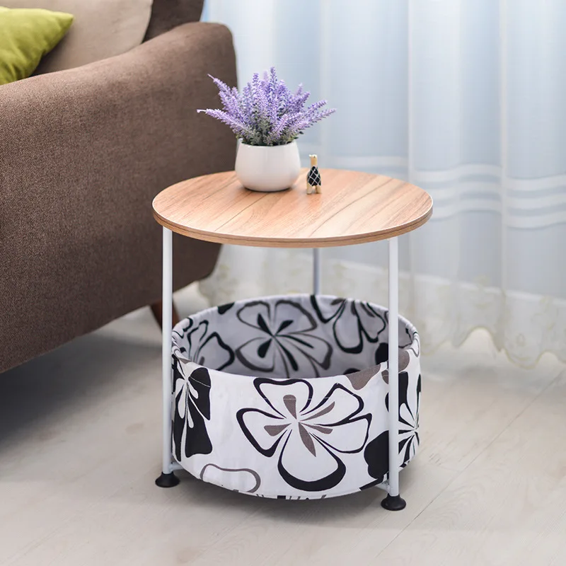 Modern Round Bedside Foldable Coffee Table With Washable Cloth Storage Container Simple Modern Corner Desk