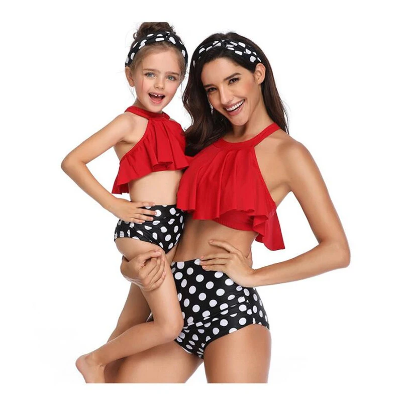 2019 Summer Family Matching Outfits Swimwear Mother Daughter Printed Dots Swimsuit Bikini Bathing Suit Flounce Design Swimwear (1)