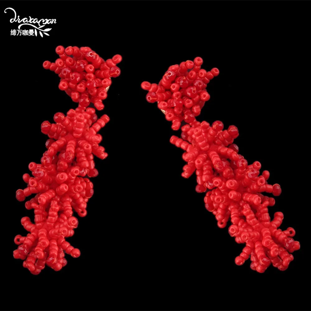 Dvacaman, богемные серьги с красными бусинами и кисточками для женщин, большие висячие серьги с бахромой, длинные висячие серьги, свадебные ювелирные изделия, A9
