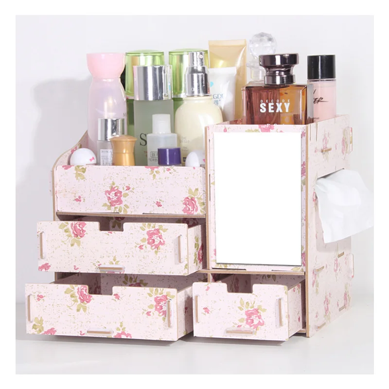 1 Pcs Wooden Mirror Makeup Organizer Case Handmade DIY Assembly