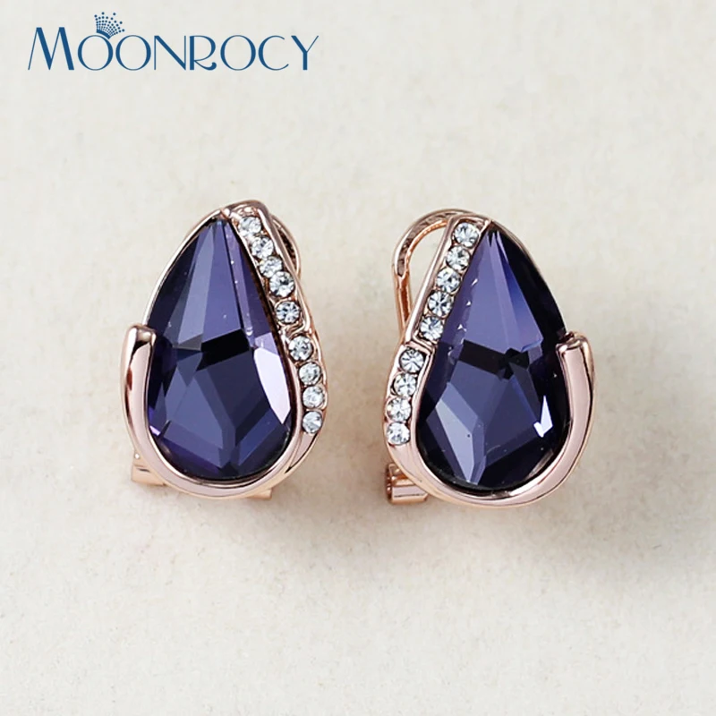 

MOONROCY Free Shipping Fashion Jewelry Cubic Zirconia Rose Gold Coloor Waterdrop Austrian Purple Blue Crystal Earrings for Women
