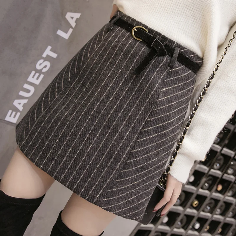 Fencysweet 2XL осень зима Для женщин Mini шерстяные юбки Высокая Талия Полосатая юбка