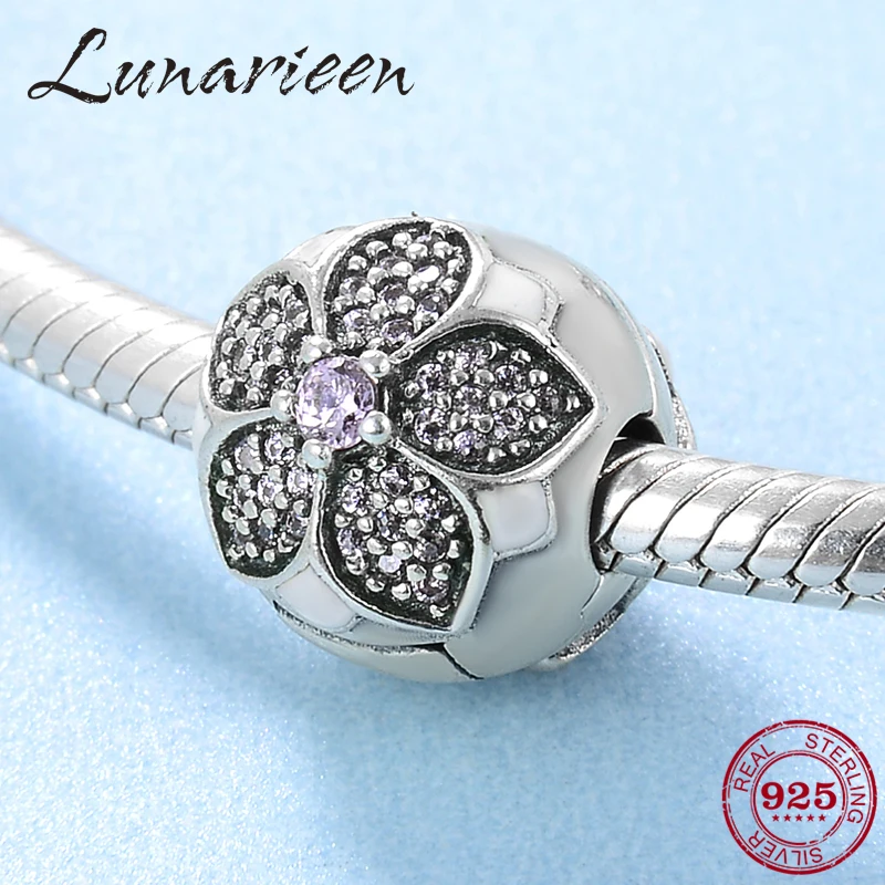 

925 sterling silver round pink flower clips beads Fit Original Pandora Charm Bracelet Jewelry making