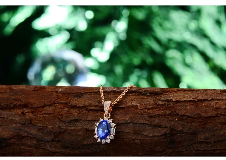 CaiMao 14K Rose Gold 1.03 ct Natural IF Blue Tanzanite AAA 0.33 ct Full Cut Diamond Engagement Gemstone Pendant Jewelry