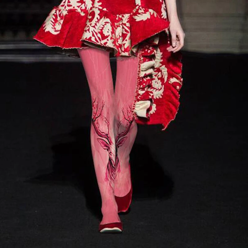 

Animal Print Tights - Bright Colored Deer Pattered Velvet Tights for Spring & Autumn
