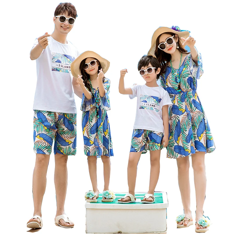 

2019 Summer Family look clothes mom daughter dress leaves dad son Tops+shorts sets Girls Boys fashion
