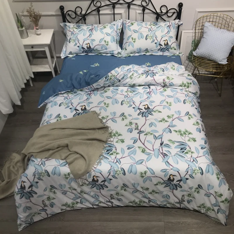 

Leaves Birds Duvet Cover Set, 100% Cotton Ultra Soft Bedding Blooming flowers Comforter cover Bed sheet Queen King size 4Pcs