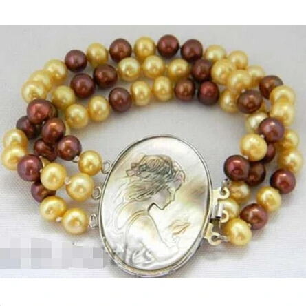 

3row golden coffee round freshwater pearl Bracelet@^Noble style Natural Fine jewe SHIPPING new >>free shipping -Bride jewelry fr