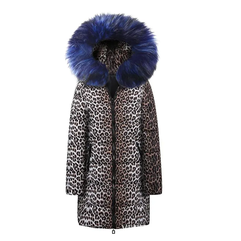 Повседневные хлопковые зимние меховые куртки размера плюс, Женское пальто, тонкие леопардовые куртки с принтом, женские парки, уличная мода, длинное пальто - Цвет: Синий