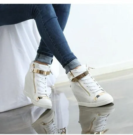 Women's High Top Wedge Sneakers in PU Leather - Stylish and Trendy Black and White Casual Shoes image 6