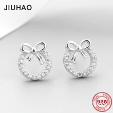 Trendy round bowknot shape Authentic 925 Sterling Silver DIY clear CZ fashion fine women Stud Earrings luxury Jewelry