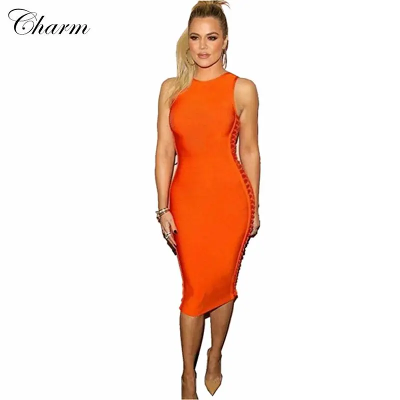  2016 new orange khaki red hollow out bodycon women bandage dresses mid calf sexy sleeveless evening party Khloe Kardashian dress 