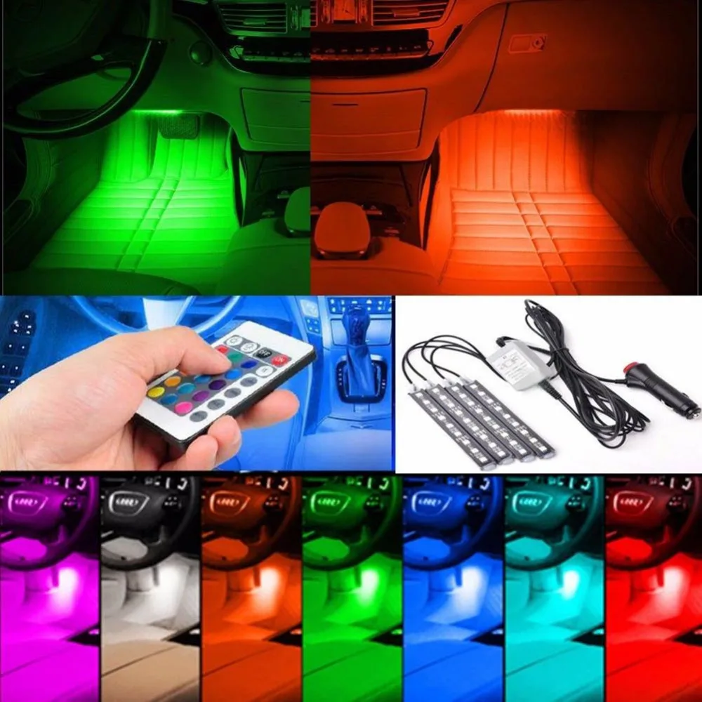 Car LED Strip Light Cars Interior Lights 12V Multicolor RGB Atmosphere Neon Lamp Under Dash Lighting Kit with Remote Control