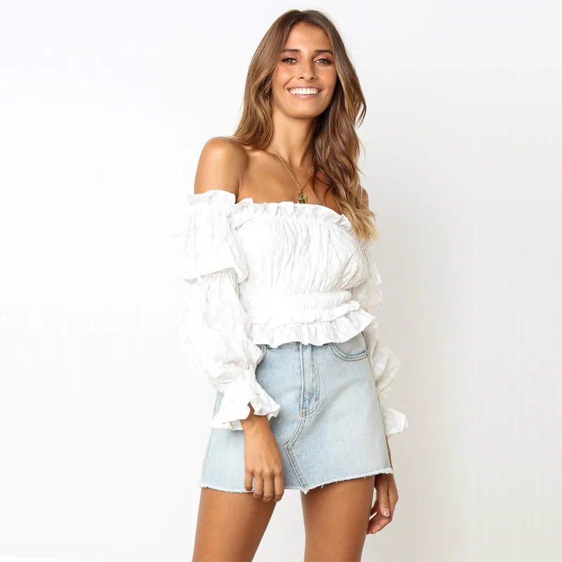 

Women 3D Flower Embroidery Off Shoulder Top Summer 2019 Frill Detail Long Sleeve Crop Top Pure Color Blouse