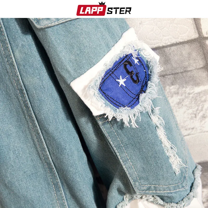LAPPSTER Blue Bomber Jackets 2019 Men Streetwear Denim Jacket Fake Two Pieces Hip Hop Jeans Jacket Harajuku Hooded Windbreaker LAPPSTER Blue Bomber Jackets 2019 Men Streetwear Denim Jacket Fake Two Pieces Hip Hop Jeans Jacket Harajuku Hooded Windbreaker