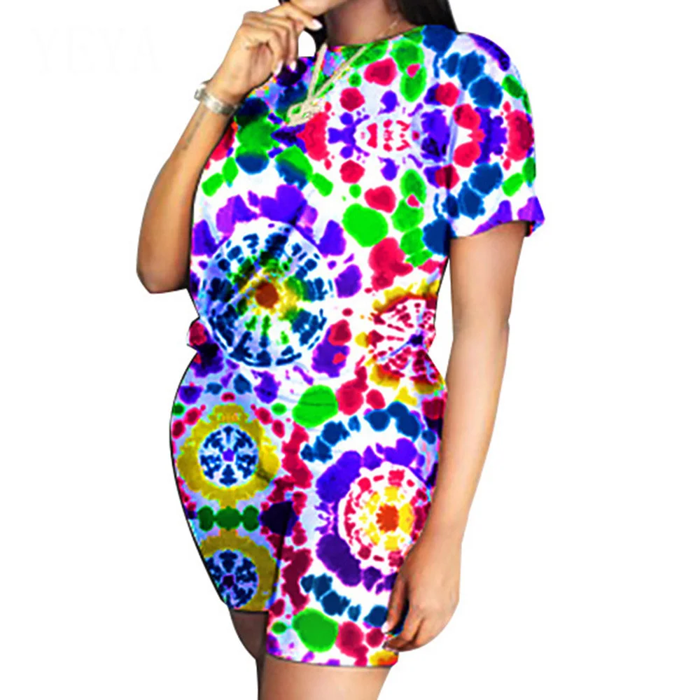 

Rainbow Colorful 2 Pieces Sets Playsuits Fashion O Neck Short Sleeve Casual Jumpsuits Women Summer Multicolor Mujer Overalls