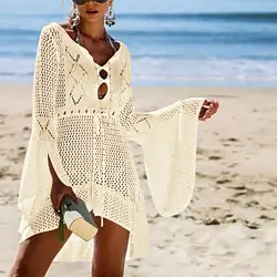 Женское сексуальное платье, летнее открытое трикотажное пляжное платье с расклешенными рукавами, солнцезащитное покрытие