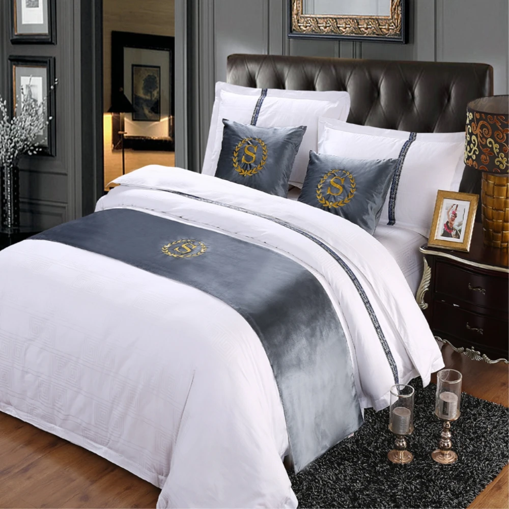 RAYUAN Suede Embroidery S Sign Double Layer Bed Runner Scarf Bedspread Bed Cover Hotel Bedding Decor Single Queen King Size
