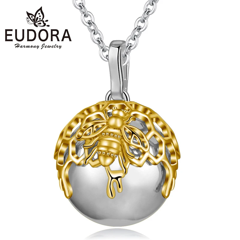 EUDORA Gold Honeycomb Hive Ball Necklace with 3D Bee Honeybee on Harmony ball Pendant for pregnant woman pregnancy new mom gift