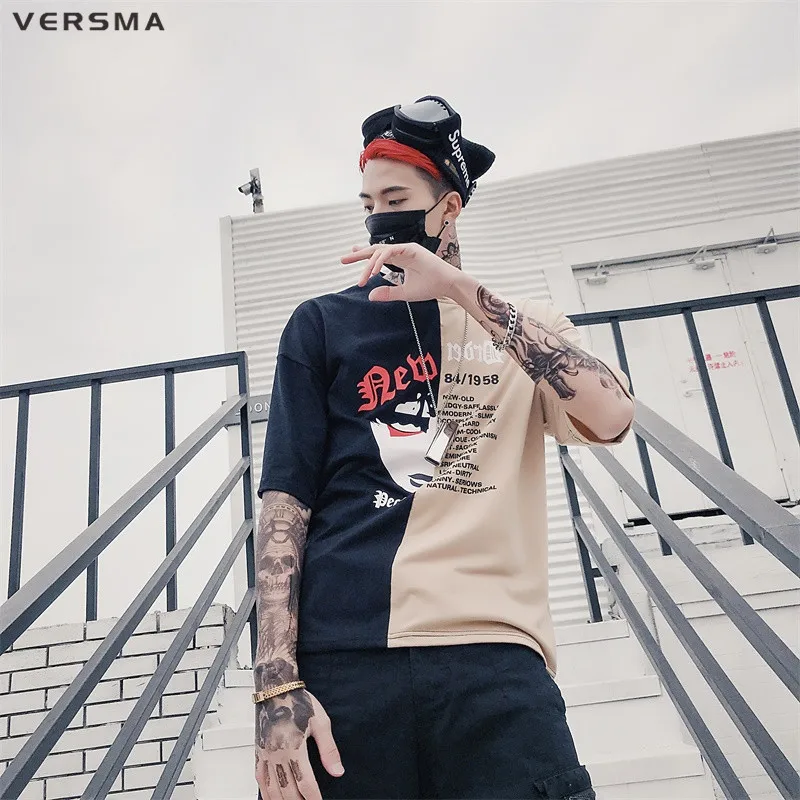 

VERSMA 2018 Korean Harajuku BF Hit Color Patchwork T Shirt Men Women High Street Hip Hop Oversize Couple Tshirt Men Dropshipping
