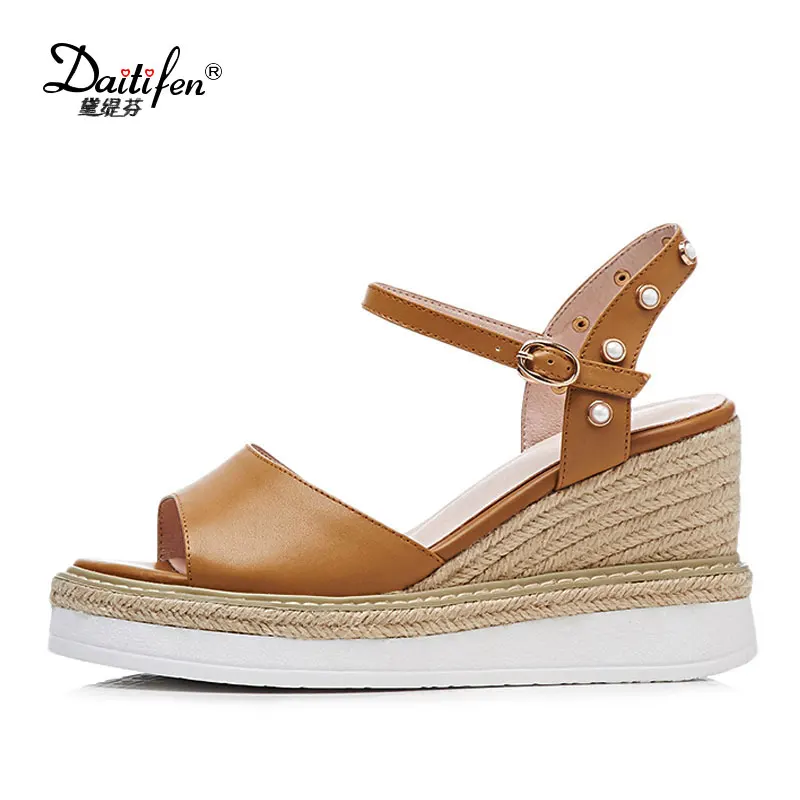 

Daitifen Handmade Leather Wedge Sandals Summer High Heel Platform Shoes Women Casual Straw Pearl Shoes Woman Sandals Open Toe