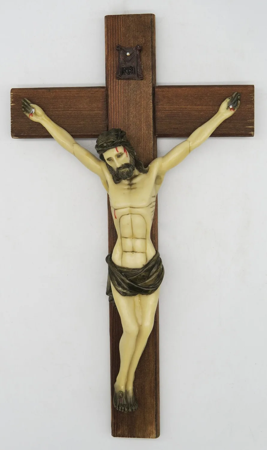 

12 Inch Resin Jesus Christ on INRI Carbonized Wood Cross Wall Crucifix Home Chapel Decoration Hand drawing Sculpture