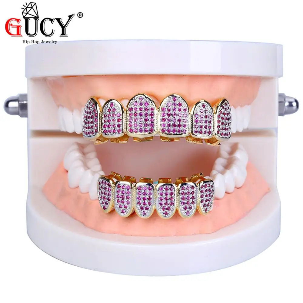 GUCY Gold Hip Hop Teeth Grillz Micro Pave Fuchsia CZ Stone Iced Out Top&Bottom Grills Set Vampire Teeth Caps Mouth Jewelry Party - Окраска металла: Gold Set