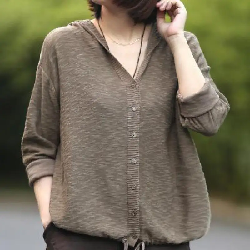 

Johnature Casual Hooded Sweater Full Sleeve Solid Color Single Breasted Button Cardigans 2019 New Autumn/Winter Women Sweaters