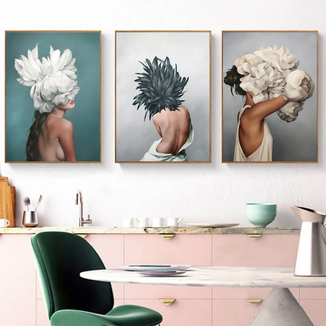 Modern Posters and Prints Flowers Feather Women Wall Art