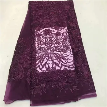 

Purple Nigerian french net lace tulle embroidered swiss voile african lace fabrics with beads 5yards/lot