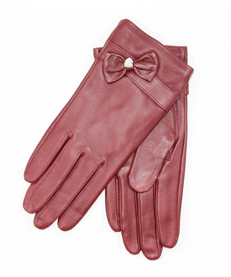 2018 зимние кожаные перчатки Женская мода теплые кожаные перчатки высокого класса козья кожа плюс бархатный бант сплошной цвет Сенсорный