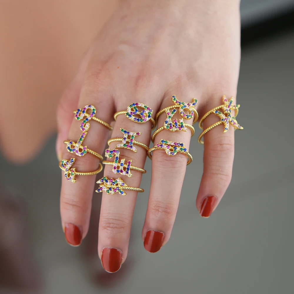 

New Design 12 constellations Zodiac Sign Finger Rings gold filled size 6 7 8 rainbow colorful cz Women's engagement wedding Ring
