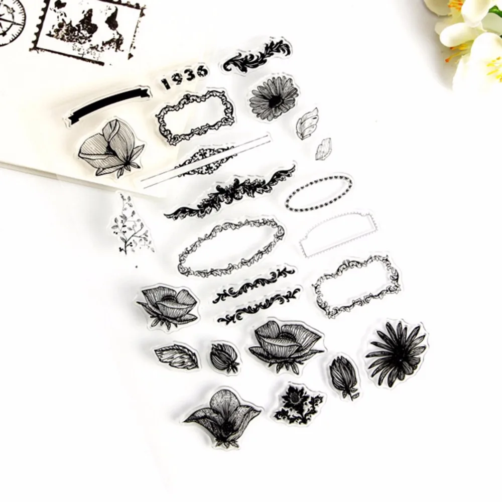 

11.5*16CM Scrapbook TPR Transparent stamp flower frame set clear seal rubber clear stamp border flower