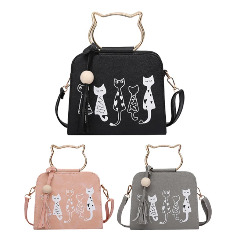 Women Handbag Cat Pattern PU Leather Female Single Shoulder Bags Cute Kitty Black Messenger Bag Ladies Fashion Tote Bolsa SS0347 (9)