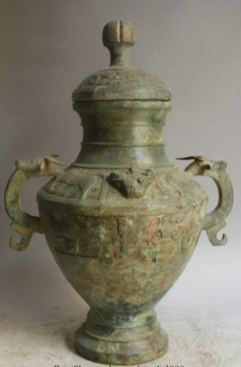 

JP S0524 18" Old Chinese Bronze Folk Dragon Beast handle food vessel kettle Pot Jar Crock