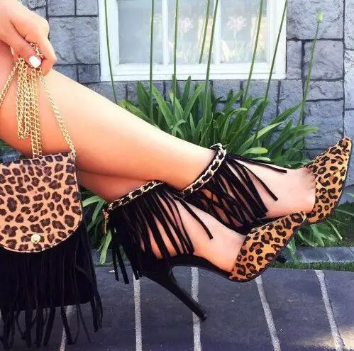 

2017 Spring newest runway high heel shoes pointed toe thin heels woman pumps leopard print ankle strap fringe shoes