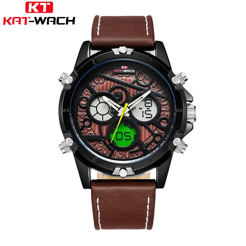 

KAT-WACH Men Casual Dual Display Watches Fashion Analog Digital LED Electronic Quartz Wristwatches Leather Date Alarm Watch 712