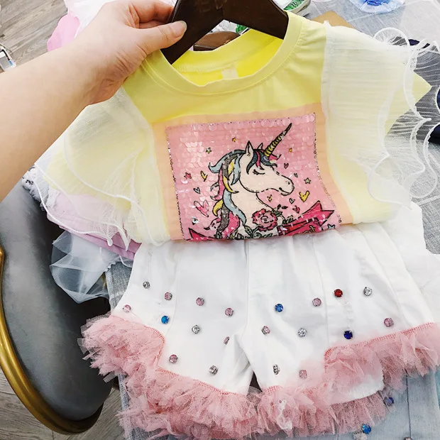 

4256 Sequins Unicorn 2019 Summer New Kid Baby Girl Clothing Set : T-shirt Shirt Tops + Denim Short Wholesale Baby Girls Clothes