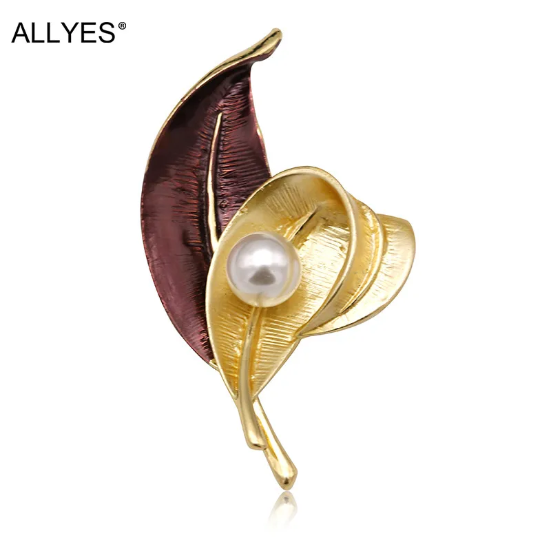 

ALLYES Vintage Leaf Brooches For Women Female Elegant White Pearl Gold Enamel Pin Clothes Costume Dress Large Brooch Jewelry