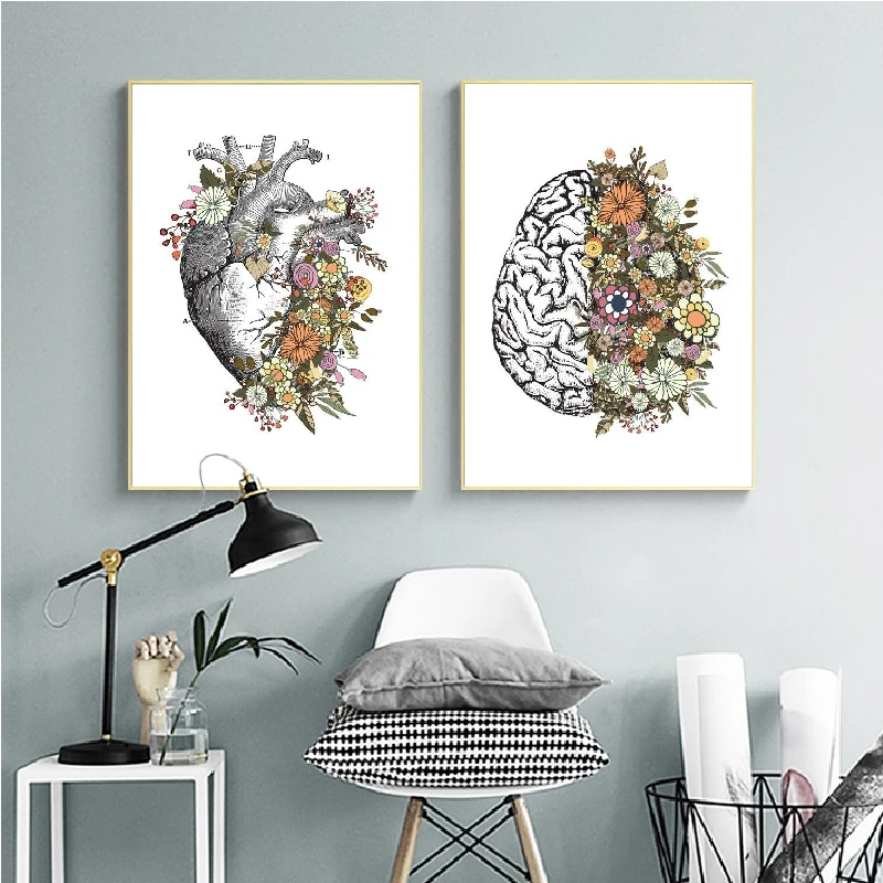 Vintage Anatomy Floral Heart Brain Print