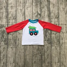 Зимние футболки с изображением рождественской елки для маленьких мальчиков, футболки с маркой бутика, одежда с рисунком автомобиля, грузовика, хлопковые топы, Детские регланы, детская одежда с длинными рукавами красного и белого цвета