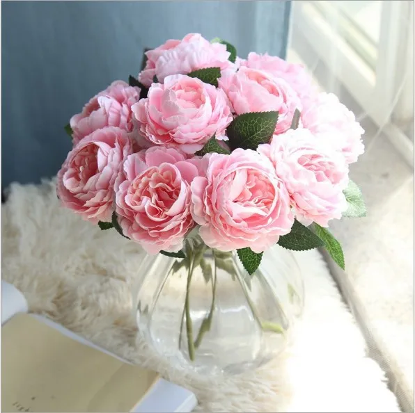Искусственные однослойные шелковые западные розы, букет невесты, яркие искусственные короткие ветви, розы, домашний декор стола