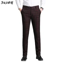 SUKWIML для мужчин платье брюки для девочек 2019 s Узкие повседневные штаны Slim Fit Бизнес Мужские строгие брюки высокое качество Формальные плед