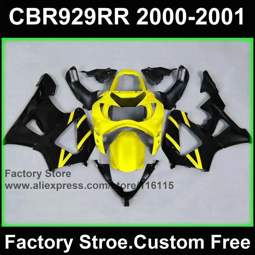 Custom ABS plastic Motorcycle fairing parts for HONDA CBR 929 fairings 2000 2001 CBR900RR yellow black fairing kits